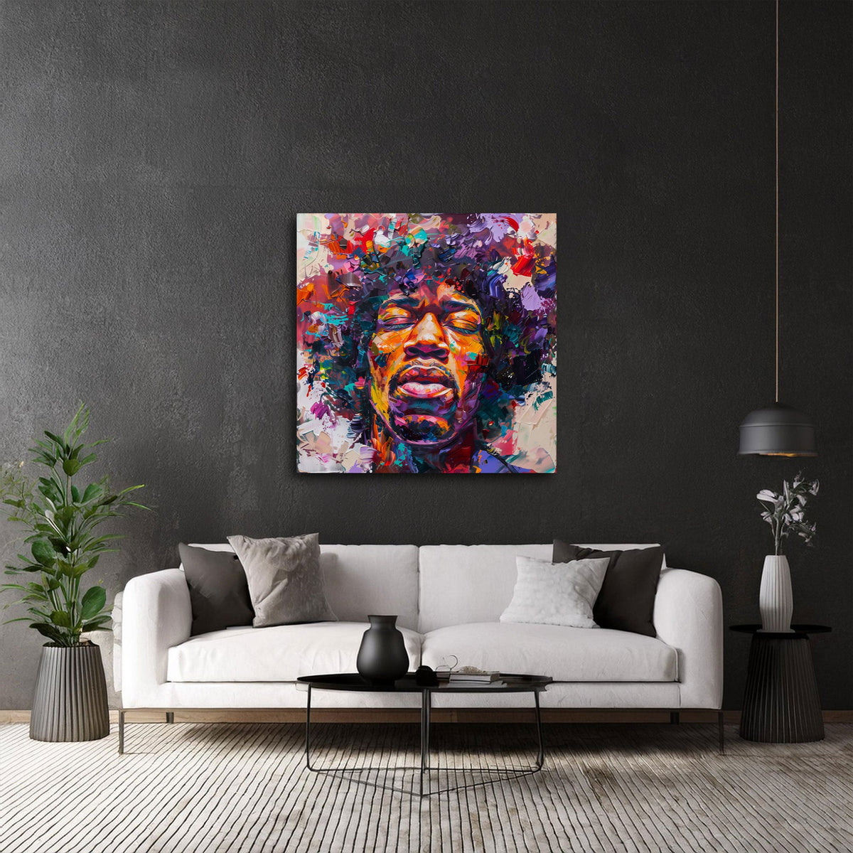 Hendrix Porträt in kräftigen Farben als Wandbild im Musikzimmer