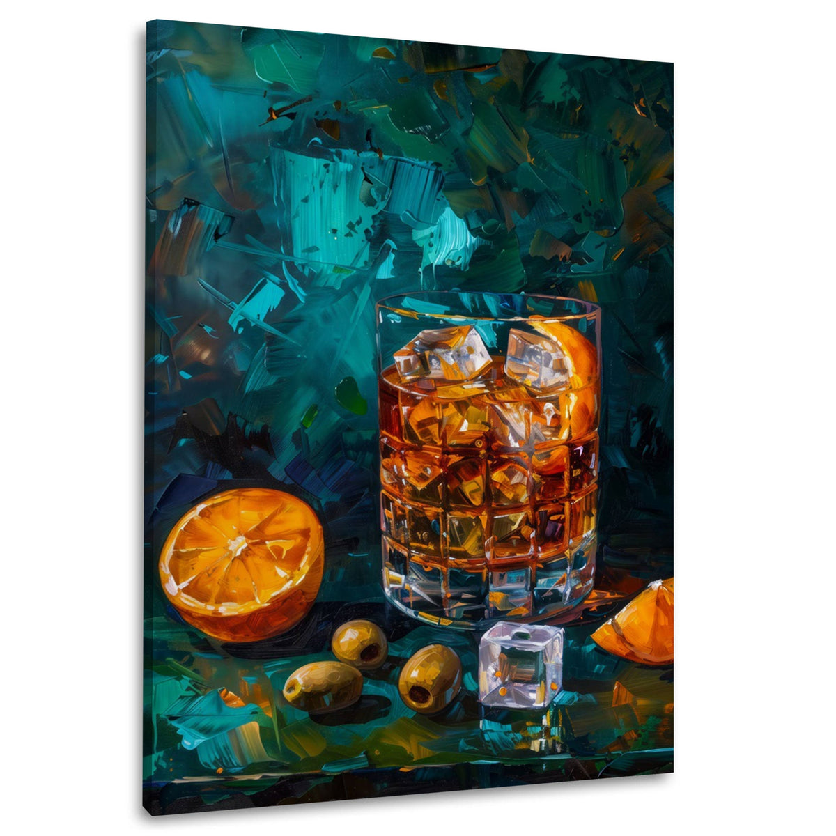 Wandbild mit Glas, Eiswürfeln und Orange vor türkisem Hintergrund