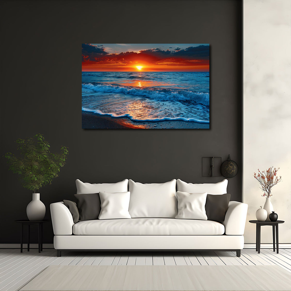 Sonnenuntergang am Meer als Wandbild über dem Sofa im Wohnzimmer