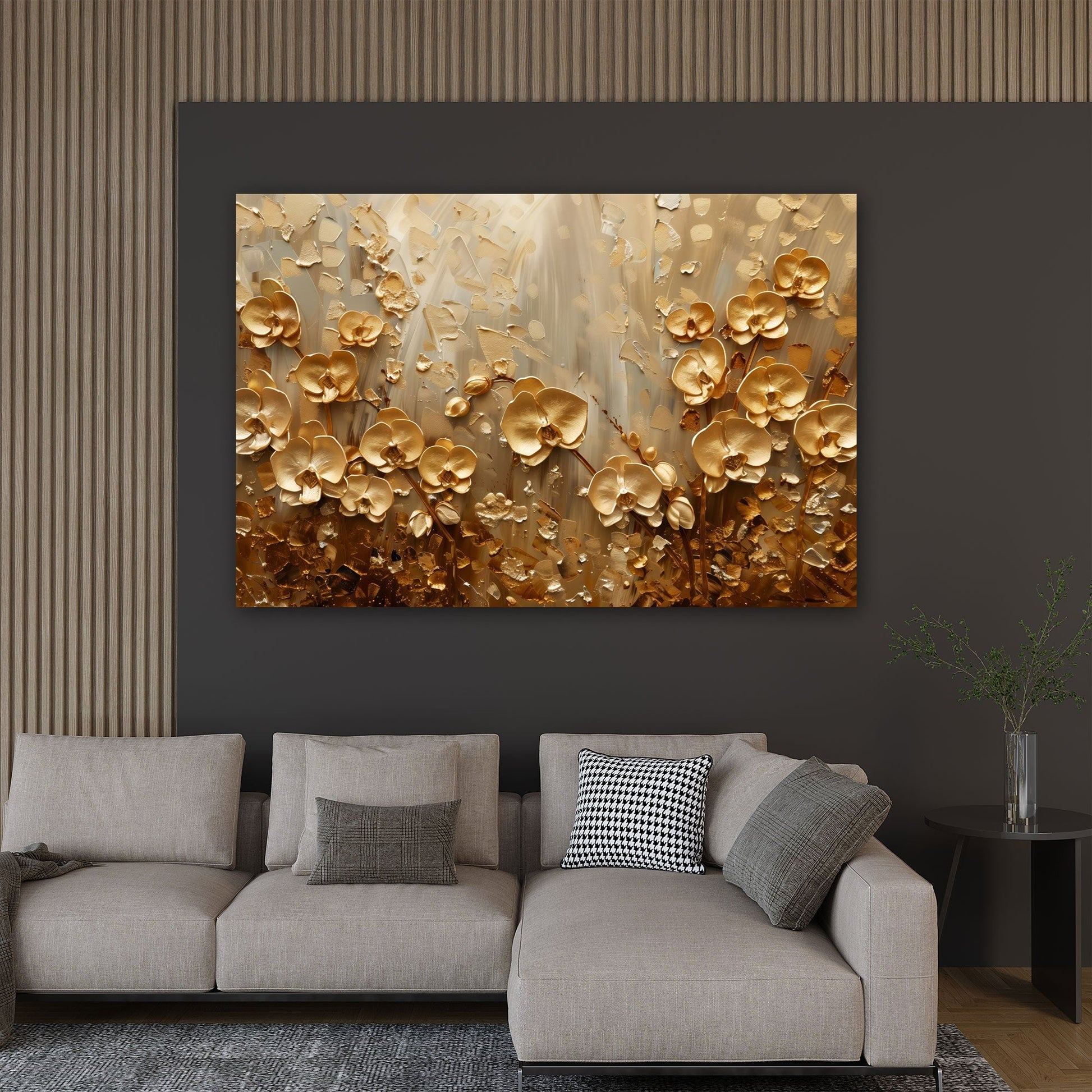 Edles Blumen-Wandbild in Gold im Schlafzimmer