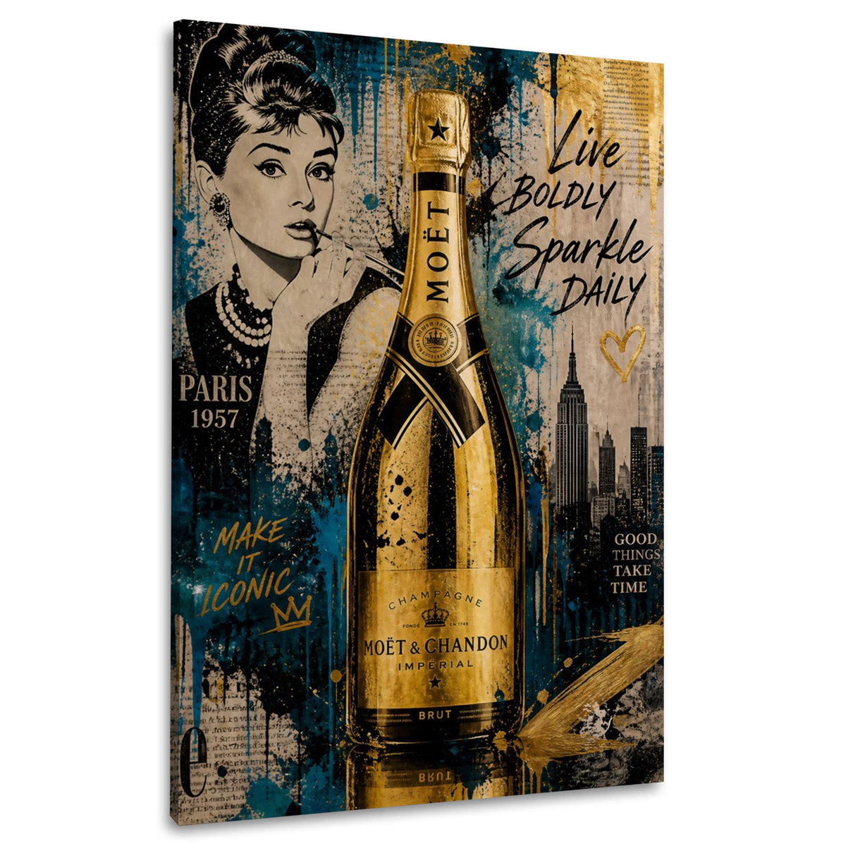 Wandbild goldene Champagnerflasche mit Porträt und Skyline als Collage