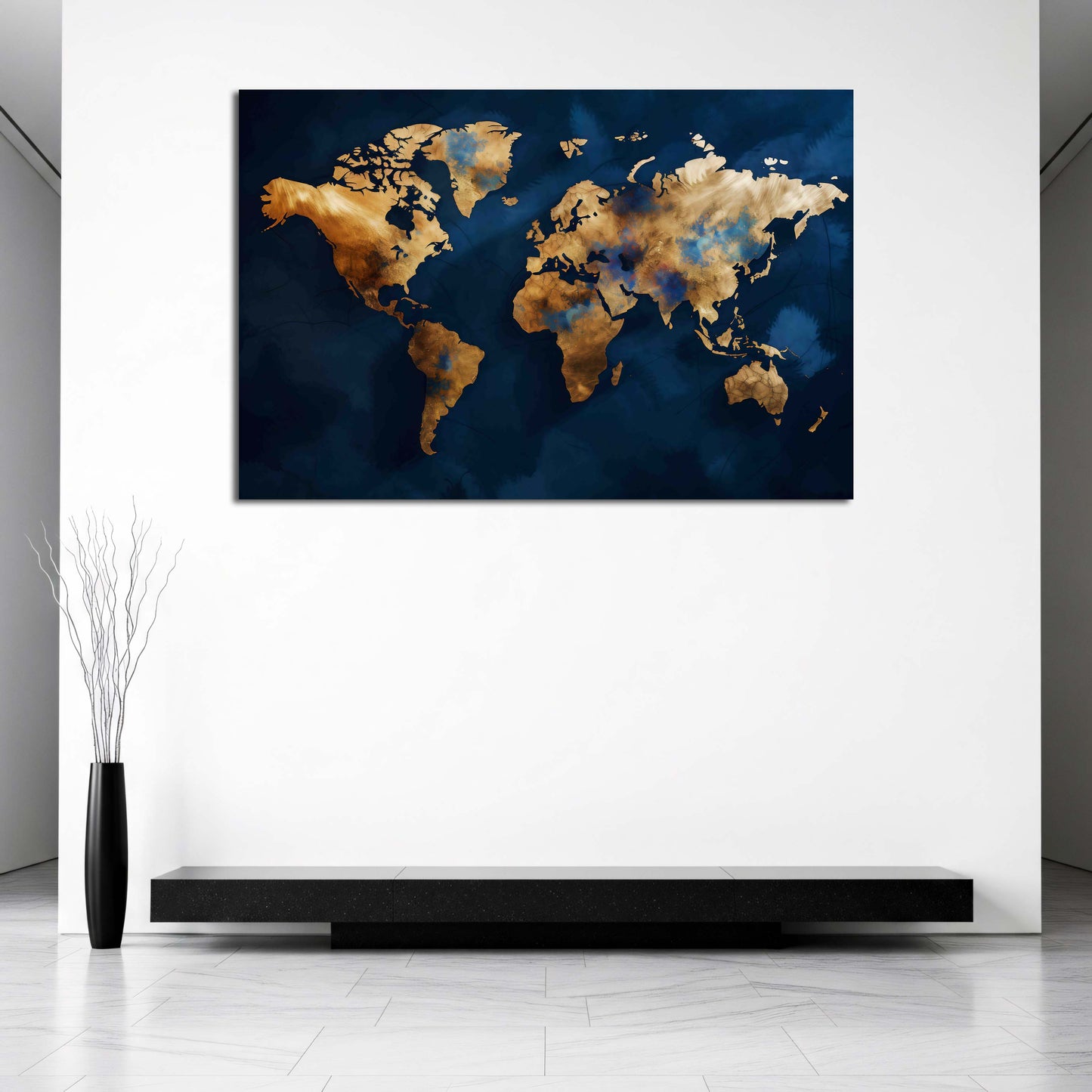 Goldene Kontinente auf blauer Weltkarte modernes Wandbild