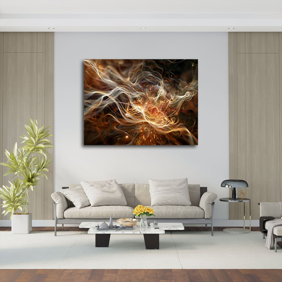 Abstraktes Wandbild mit goldenen Lichtwirbeln über dem Sofa im Wohnzimmer