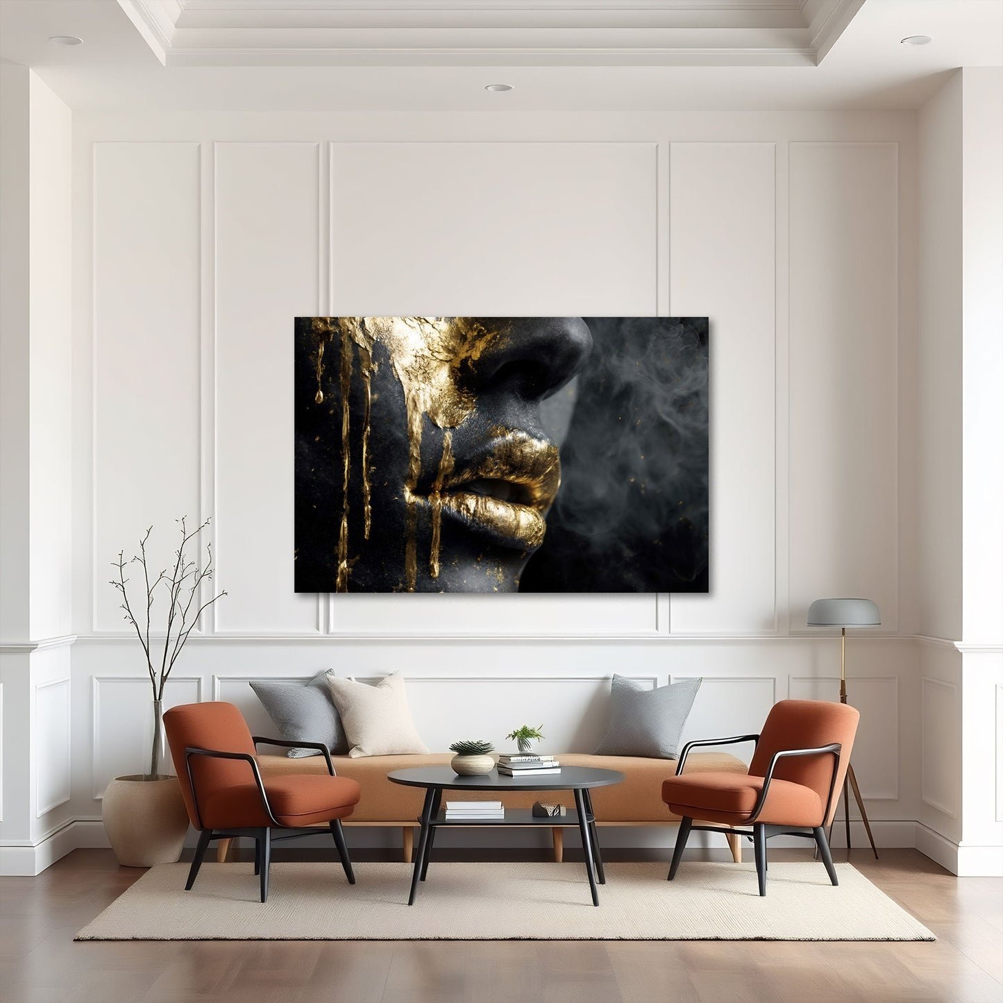 Goldene Lippen mit Rauch und fließender Farbe Wandbild