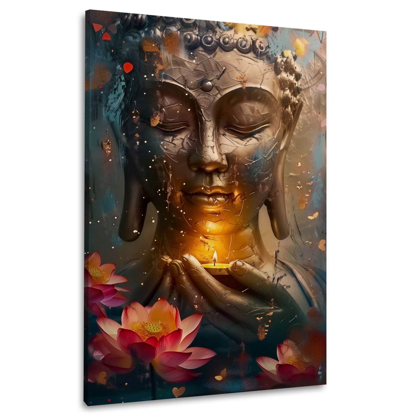 Goldener Buddha Zen Achtsamkeit Licht Flamme Blüten Wandbild