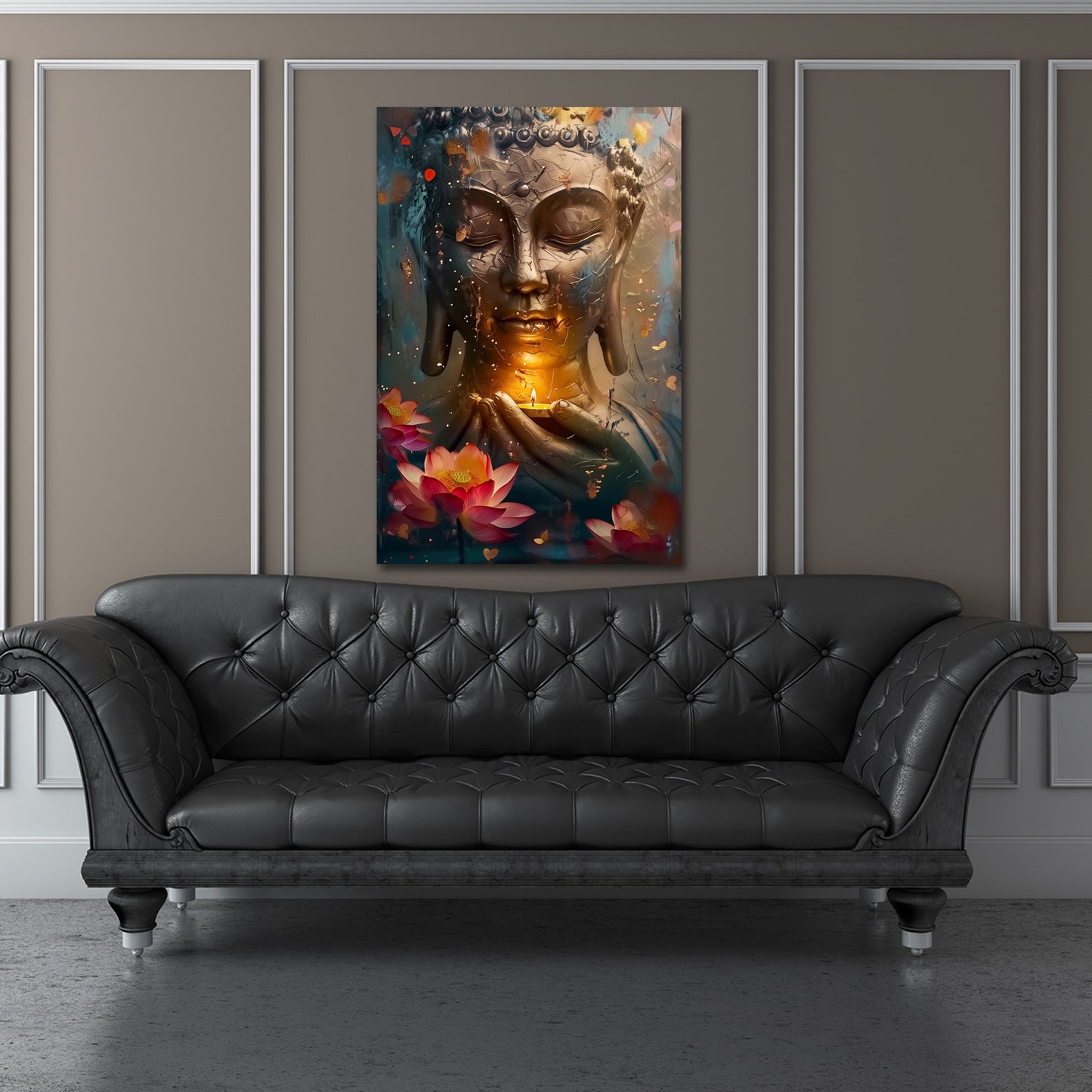 Goldener Buddha Zen Achtsamkeit Licht Flamme Blüten Wandbild