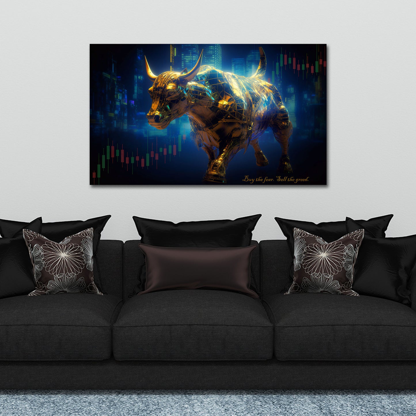 Goldener Stier mit Kerzencharts Skyline Trading Wandbild