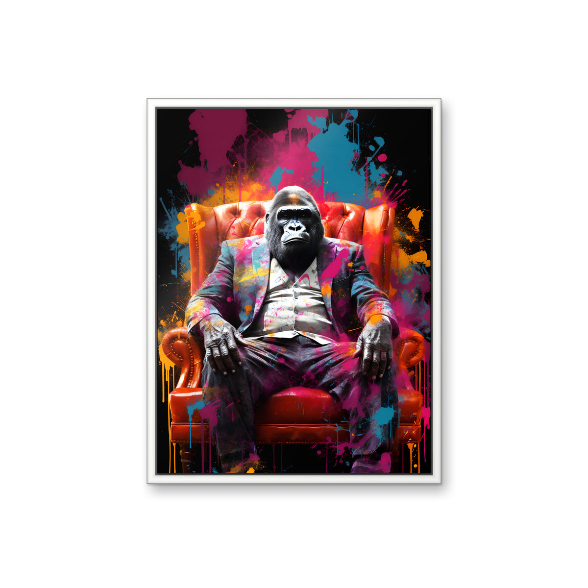 Gorilla im Anzug – Acrylglas im Schattenfugenrahmen Weiß