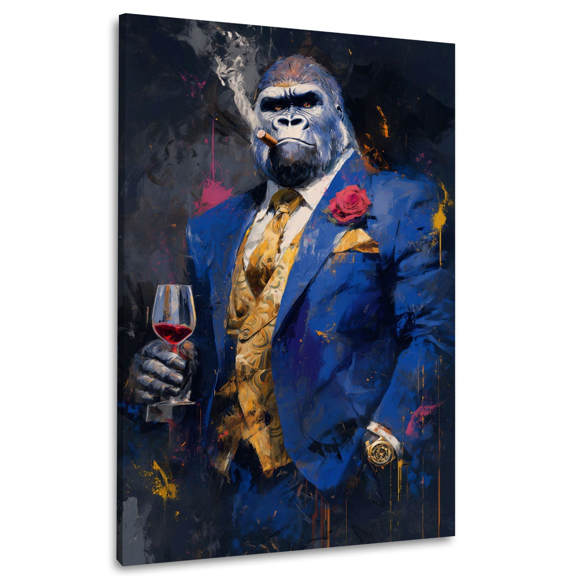 Gorilla im blauen Anzug mit edler Rose und Wein Wandbild