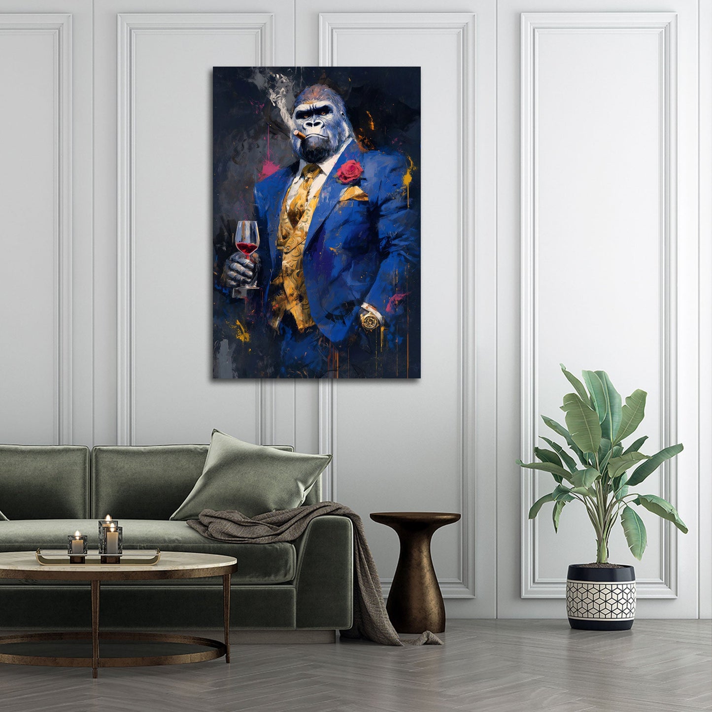 Gorilla im blauen Anzug mit edler Rose und Wein Wandbild