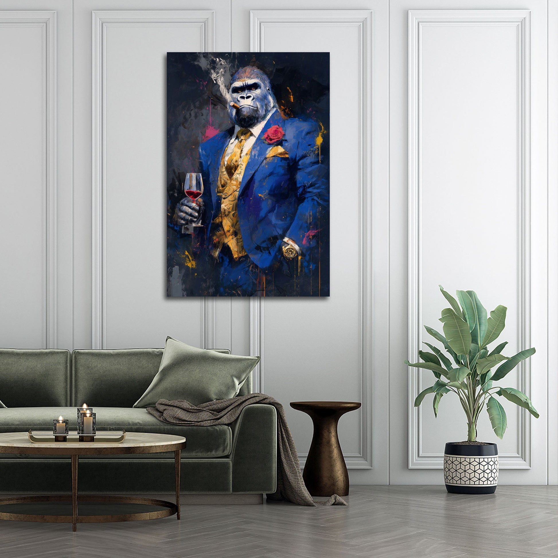 Gorilla im blauen Anzug mit edler Rose und Wein Wandbild