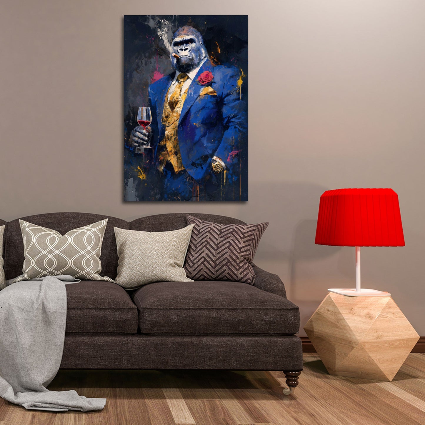 Gorilla im blauen Anzug mit edler Rose und Wein Wandbild