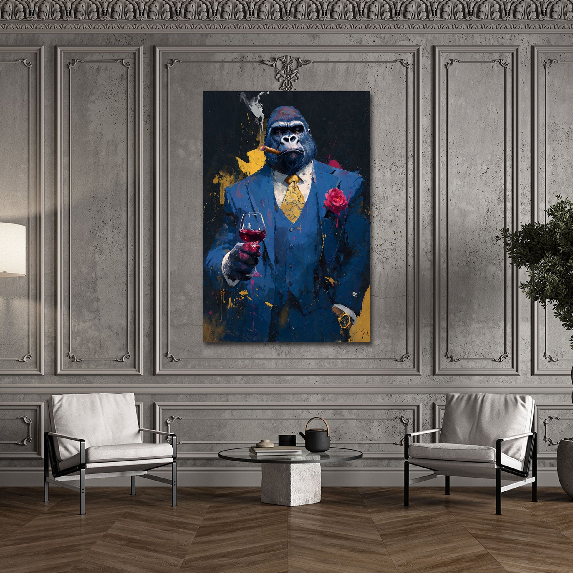 Gorilla im blauen Anzug mit Rotwein und Zigarre Wandbild