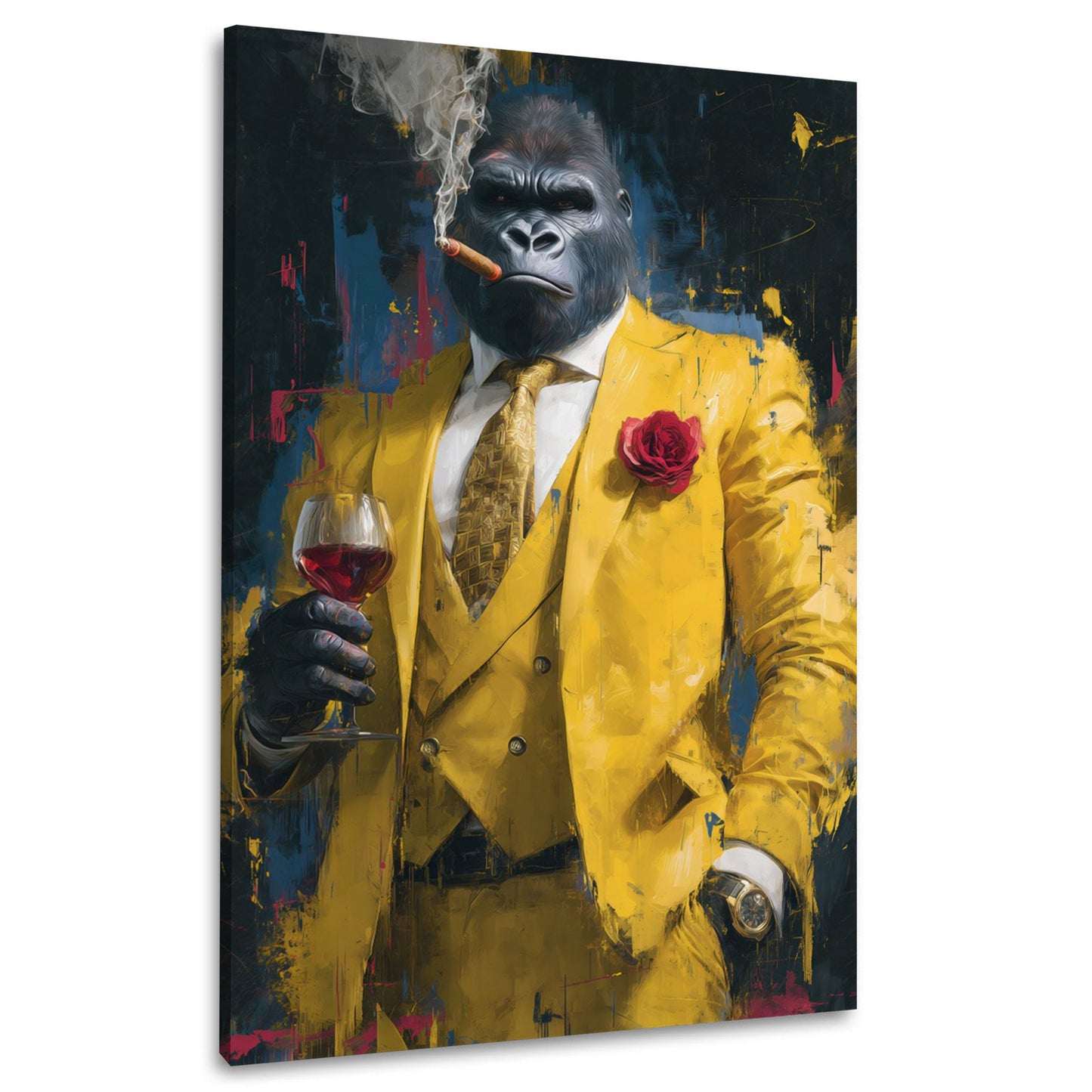 Gorilla im gelben Anzug mit Rotwein und Zigarre Wandbild
