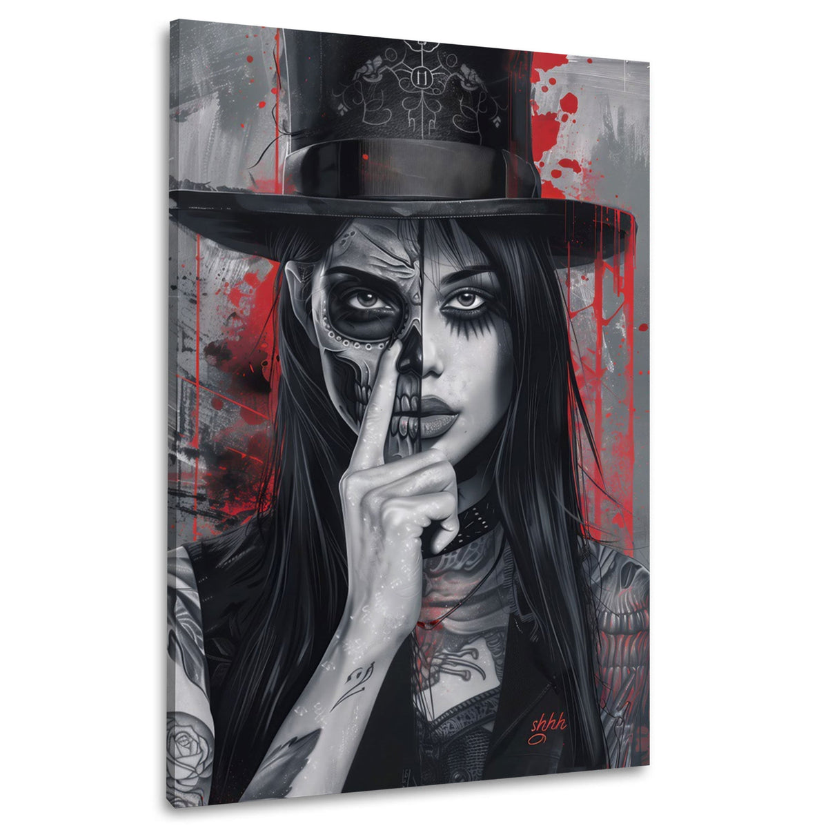 Wandbild Gothic Frau mit geteiltem Skull Gesicht und roten Akzenten