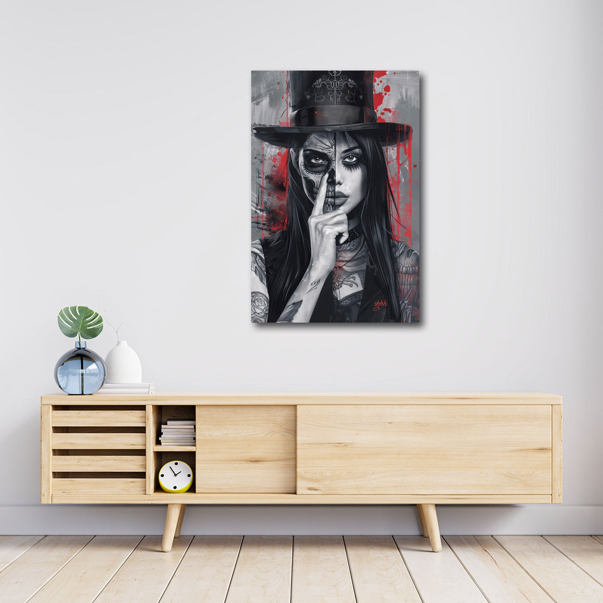 Detailansicht Gothic Porträt mit Skull Make-up und Farbspritzern