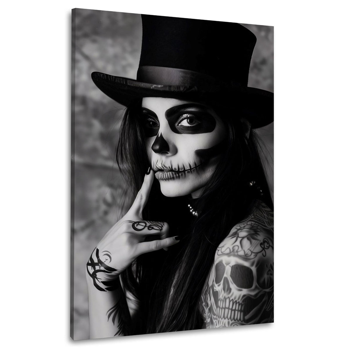 Wandbild Gothic Frau mit Skull Make-up und Zylinder