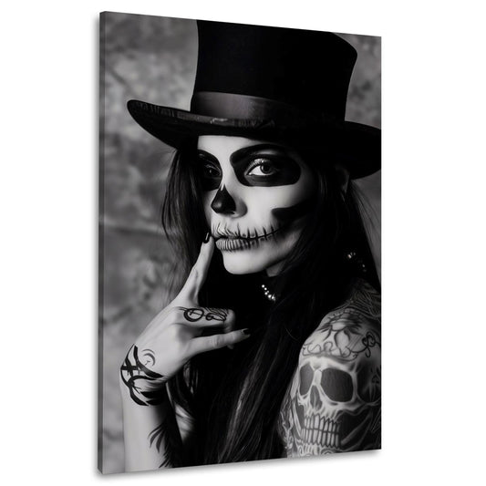 Wandbild Gothic Frau mit Skull Make-up und Zylinder