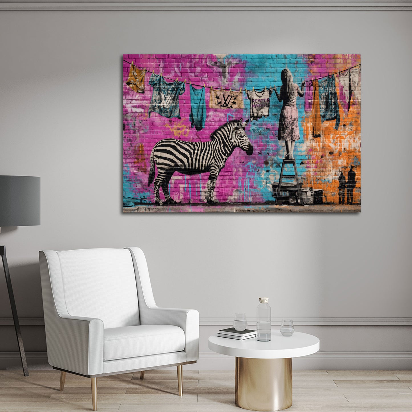 Graffiti Art Wand Mädchen auf Leiter Zebra Kleidung Wandbild