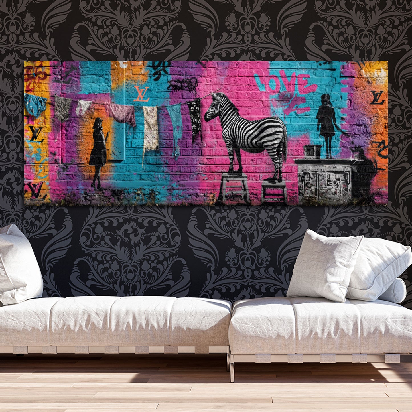 Graffiti Wäscheleine Zebra Love Schrift Wandbild