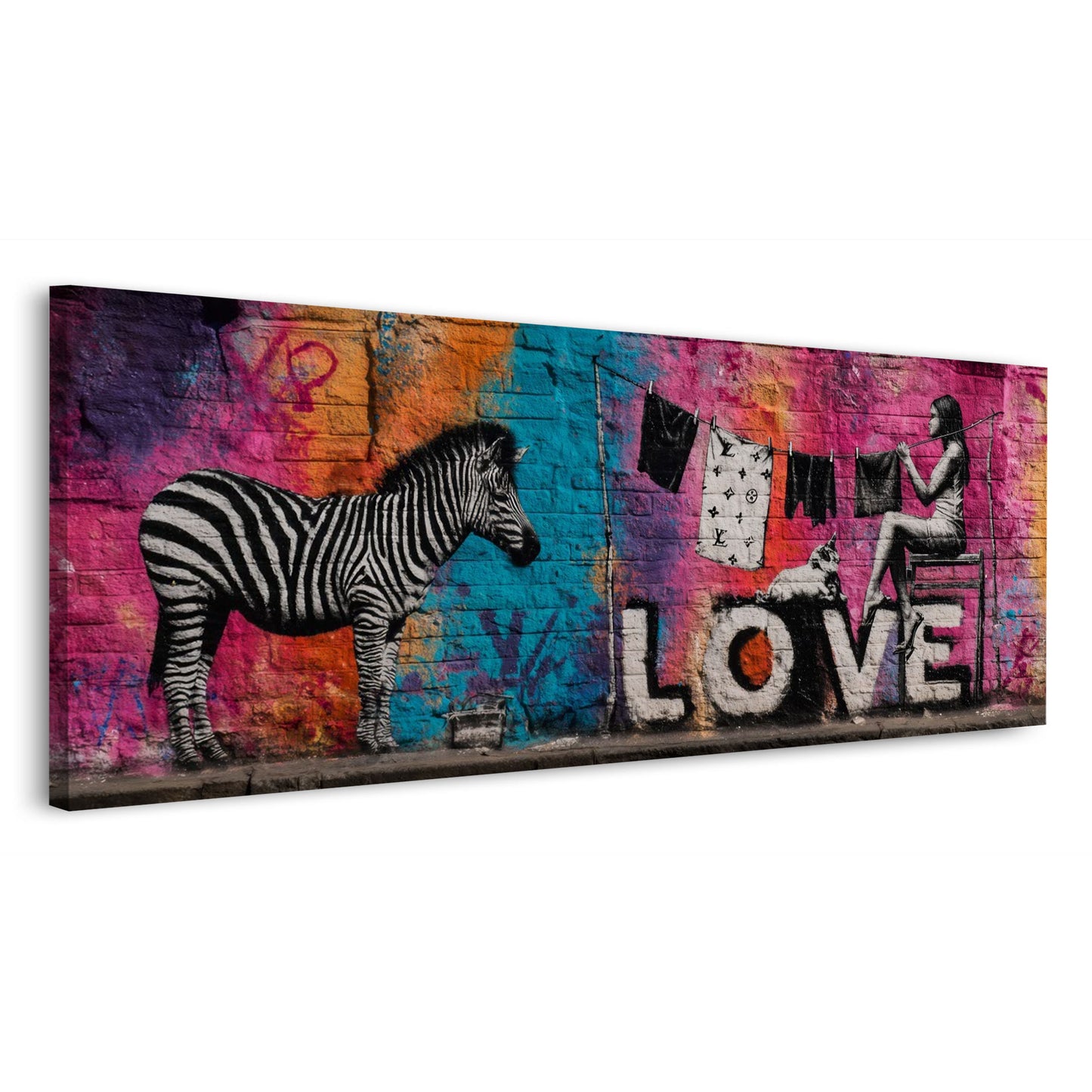 Graffiti Wand Frau auf Stuhl Zebra Kleidung Leine Hund Wandbild