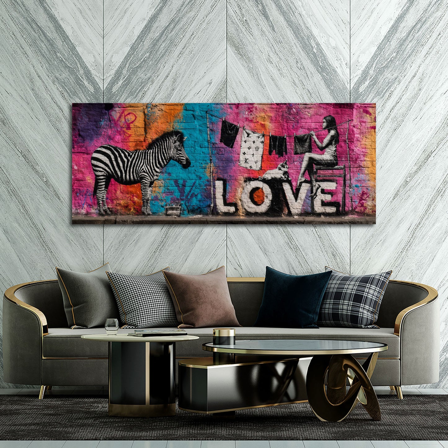 Graffiti Wand Frau auf Stuhl Zebra Kleidung Leine Hund Wandbild