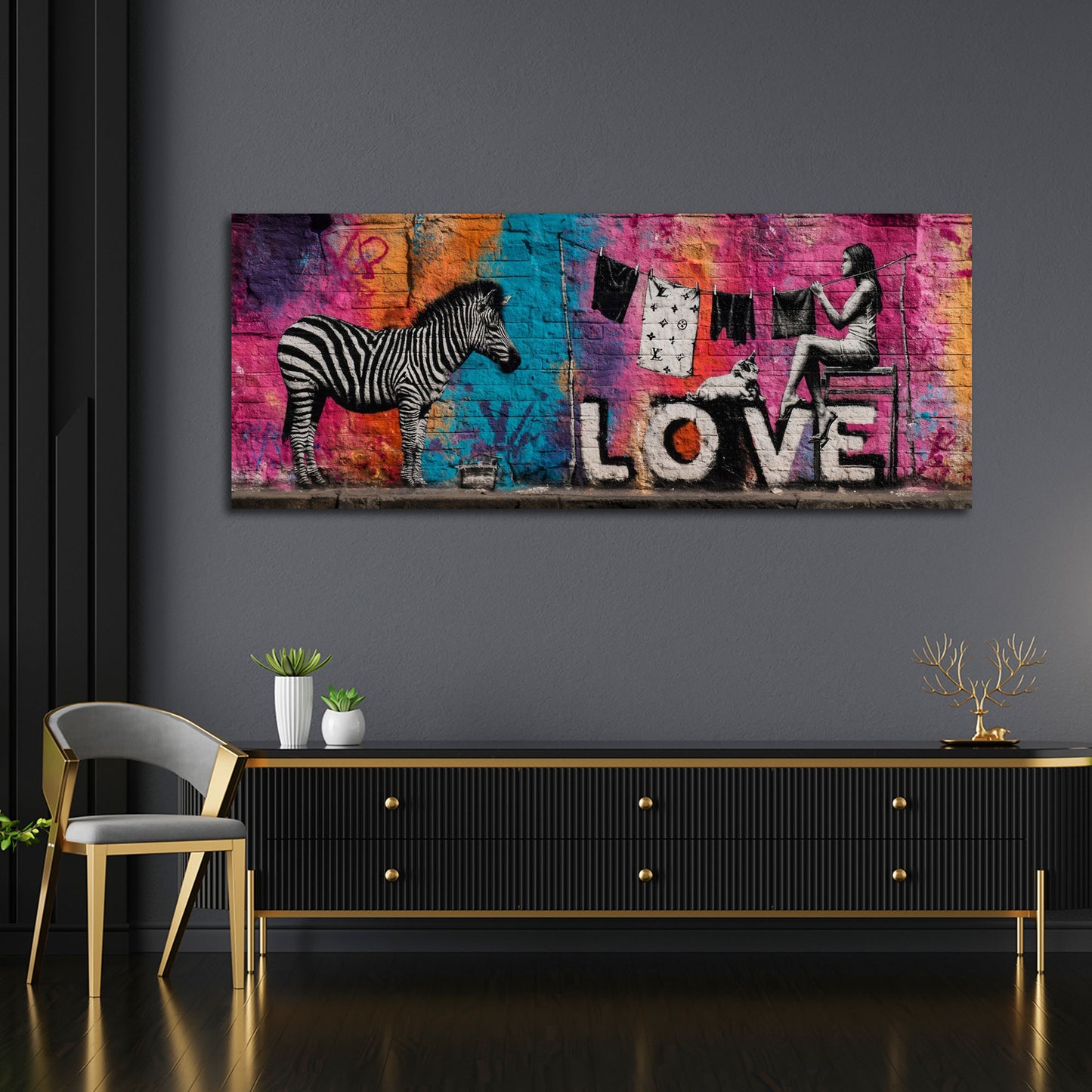 Graffiti Wand Frau auf Stuhl Zebra Kleidung Leine Hund Wandbild