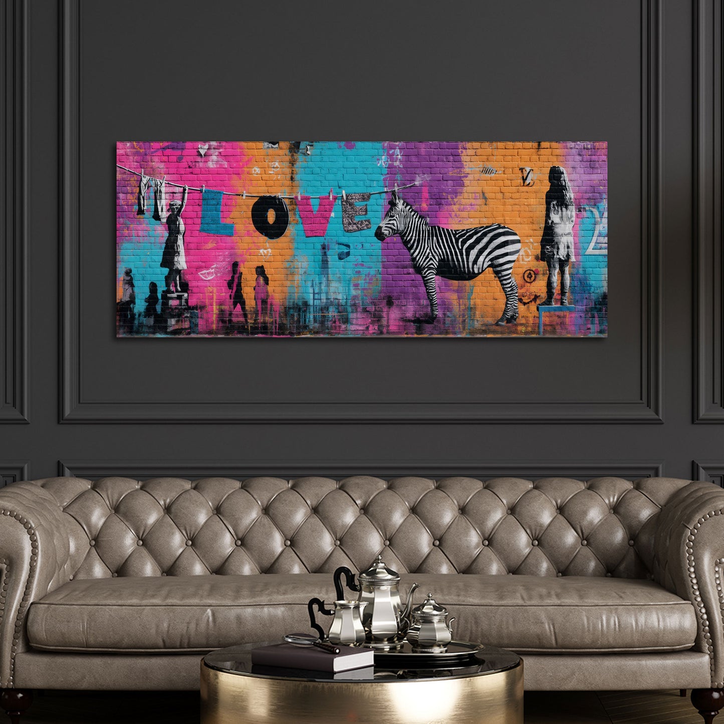 Graffiti Wand Mädchen auf Hocker Zebra Leine Love Wandbild