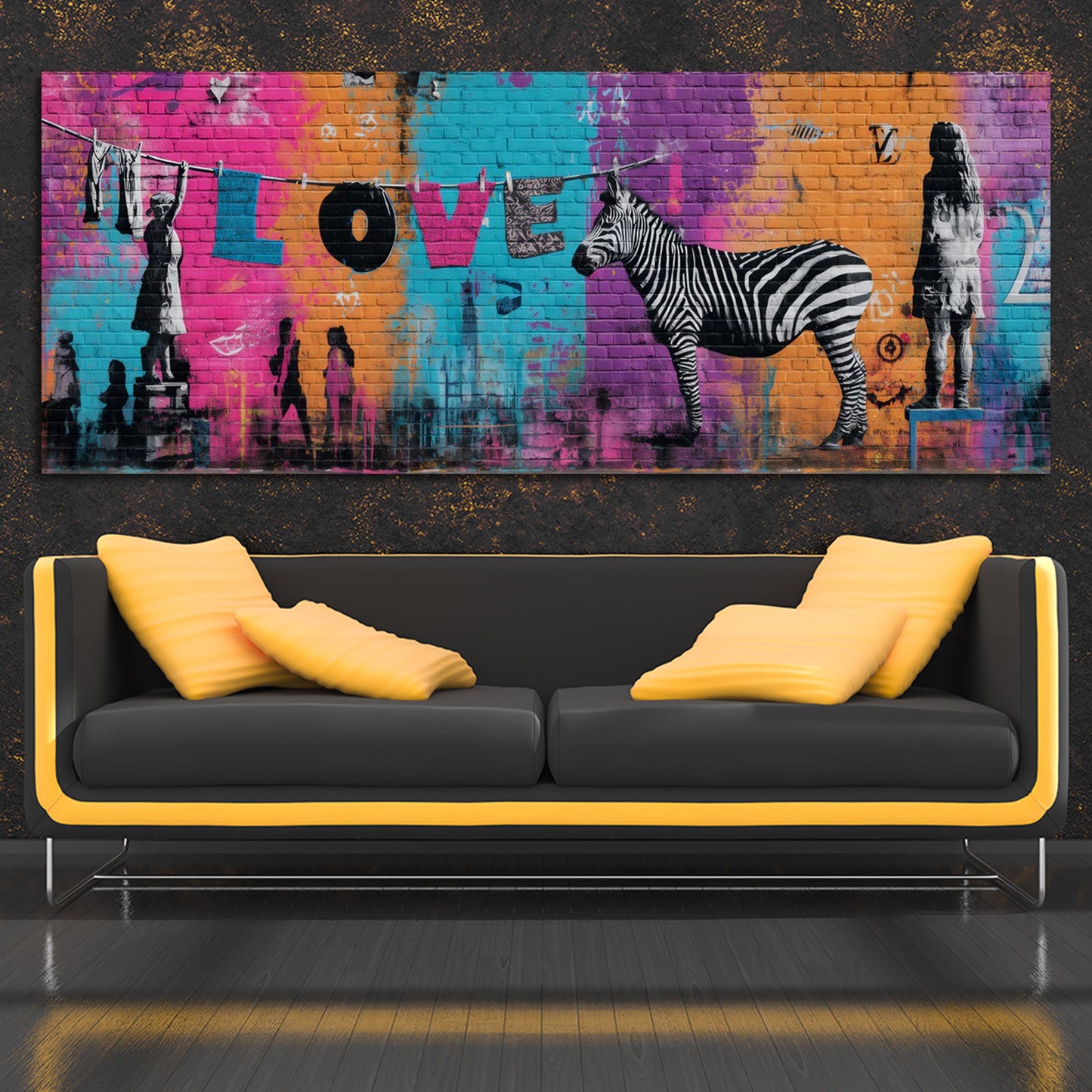 Graffiti Wand Mädchen auf Hocker Zebra Leine Love Wandbild