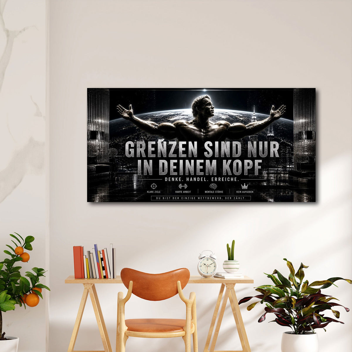 Motivations Wandbild im Querformat über dem Schreibtisch