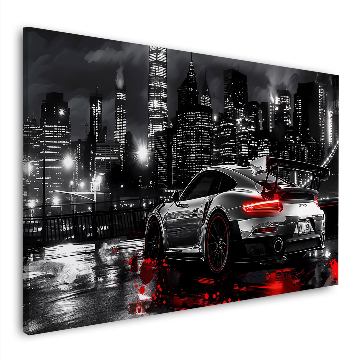 GT Auto Straße Regen rote Akzente Wandbild