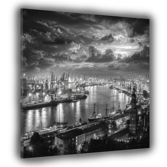 Hafenansicht Hamburg schwarz weiß Elbe Abendhimmel Wandbild