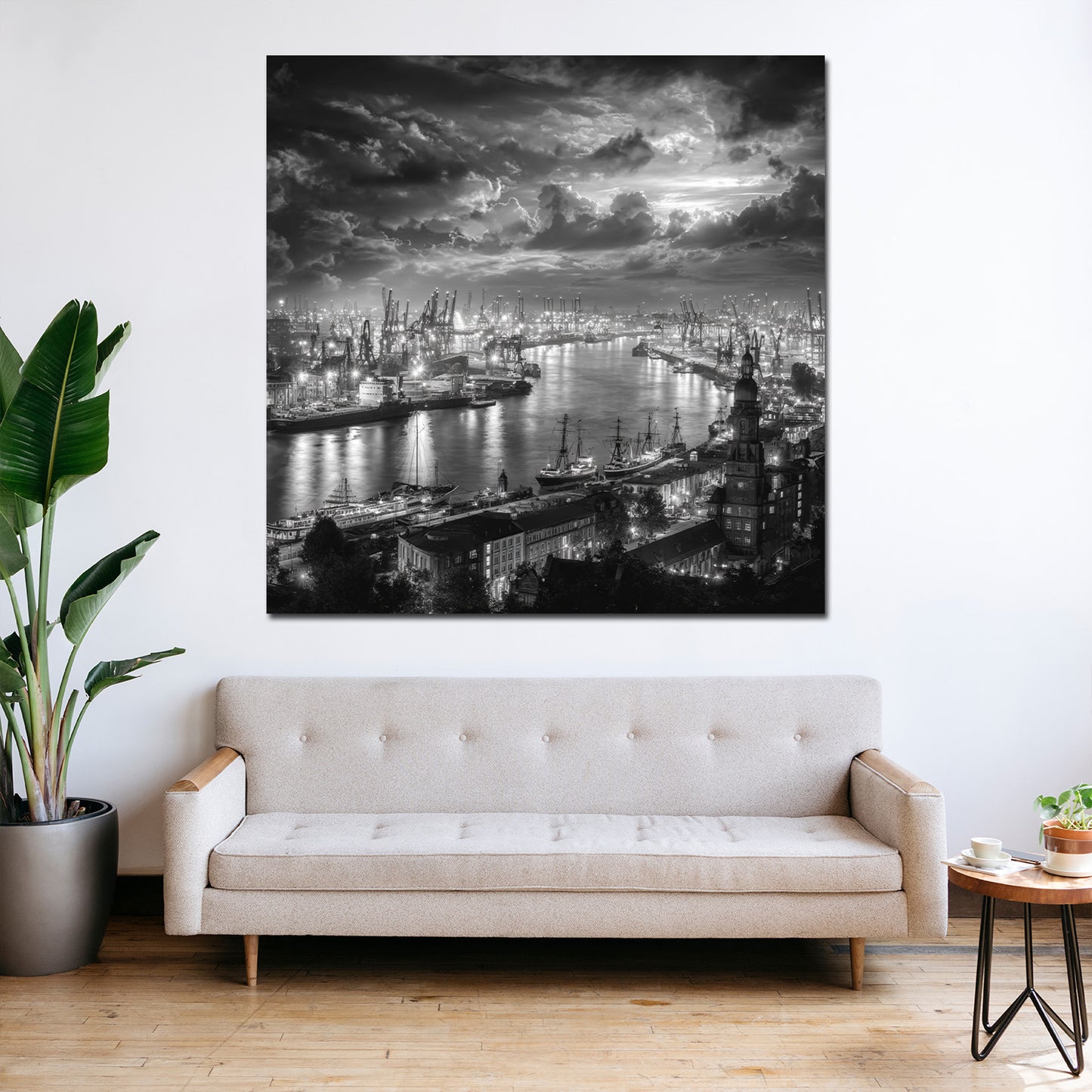 Hafenansicht Hamburg schwarz weiß Elbe Abendhimmel Wandbild