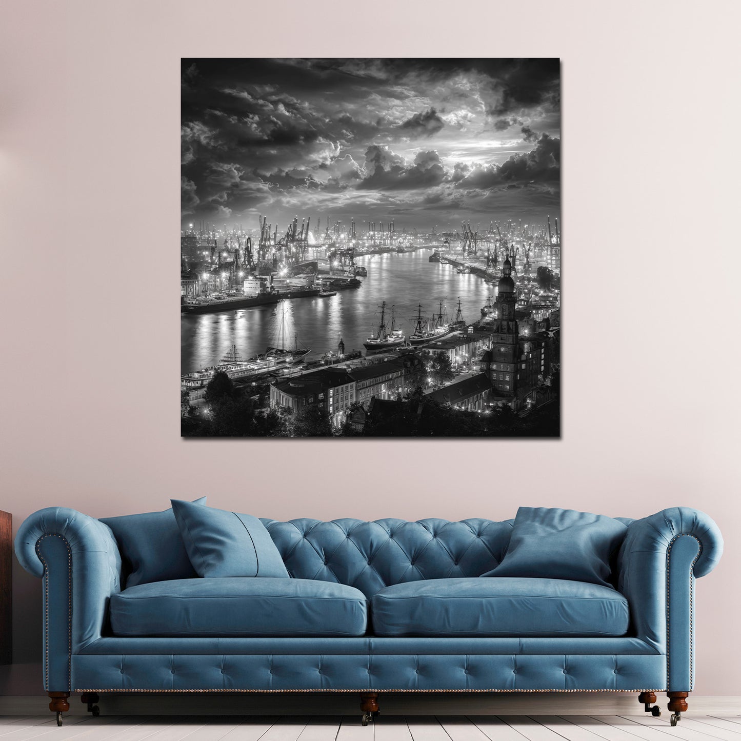 Hafenansicht Hamburg schwarz weiß Elbe Abendhimmel Wandbild