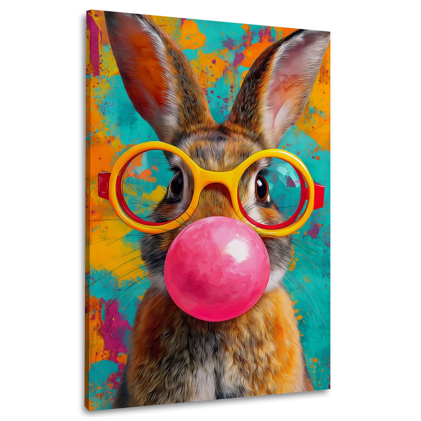 Hase mit Kaugummiblase und auffälliger Brille Wandbild