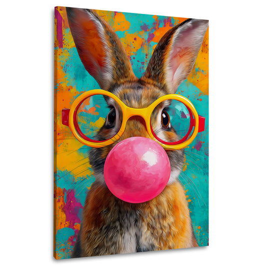 Hase mit Kaugummiblase und auffälliger Brille Wandbild