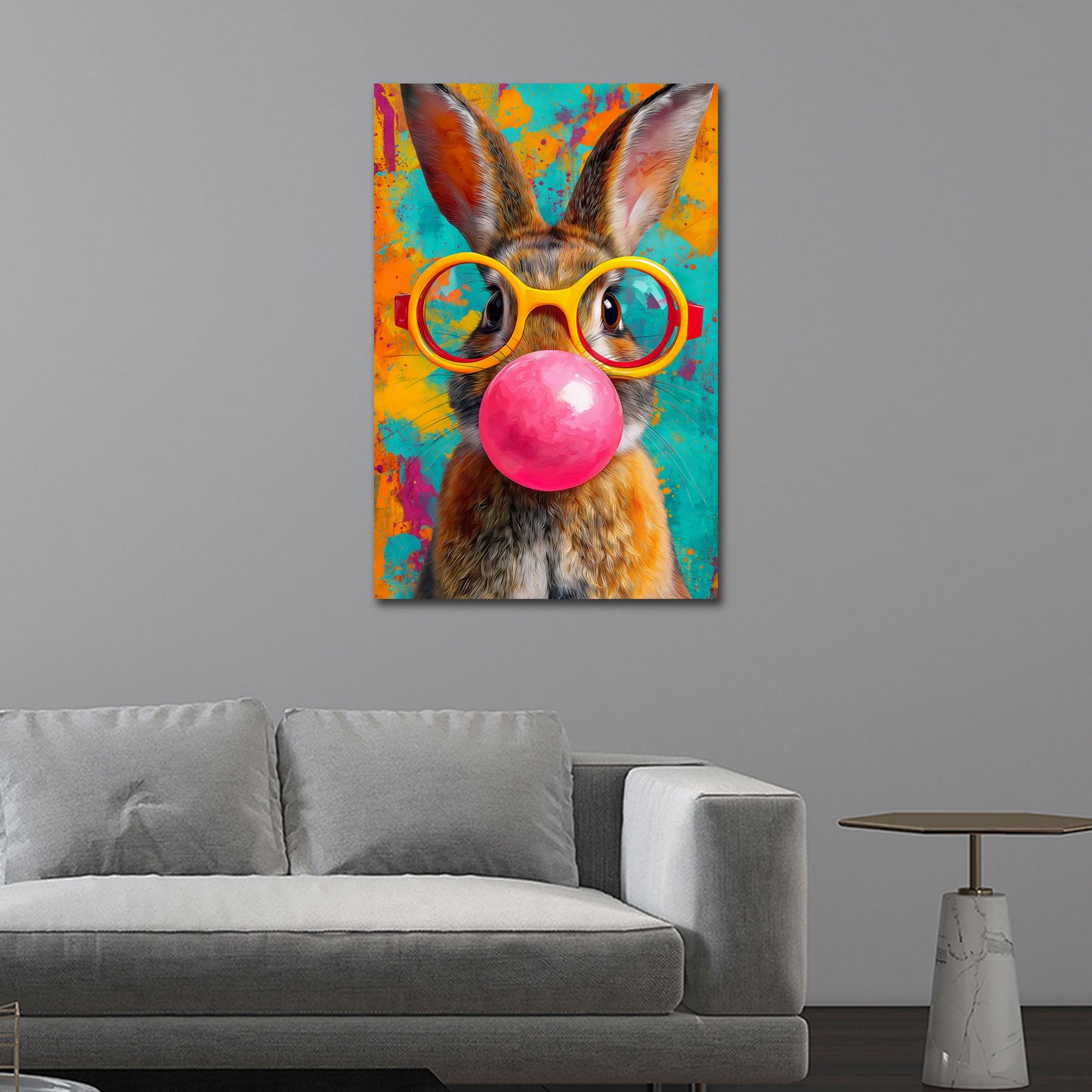 Hase mit Kaugummiblase und auffälliger Brille Wandbild