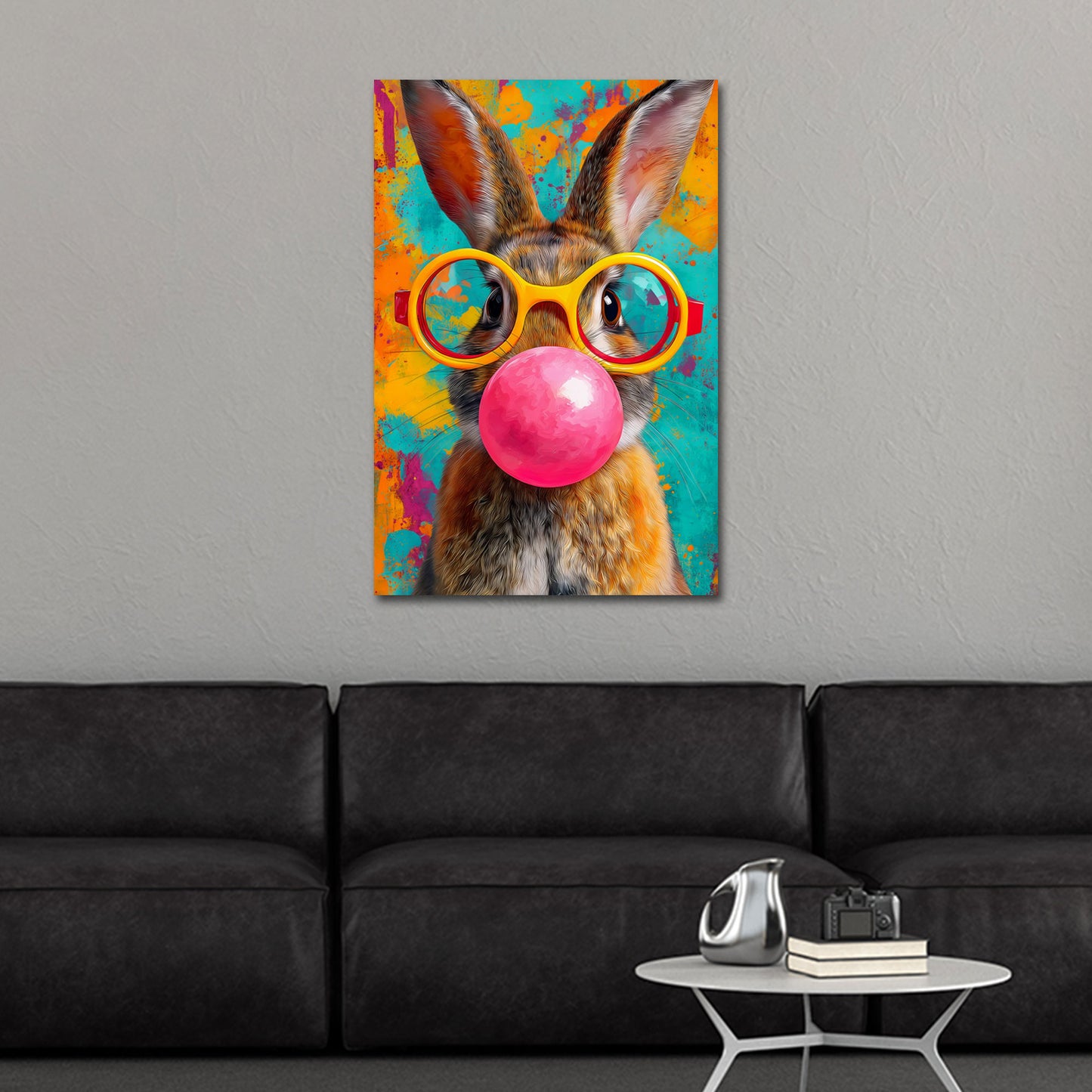 Hase mit Kaugummiblase und auffälliger Brille Wandbild