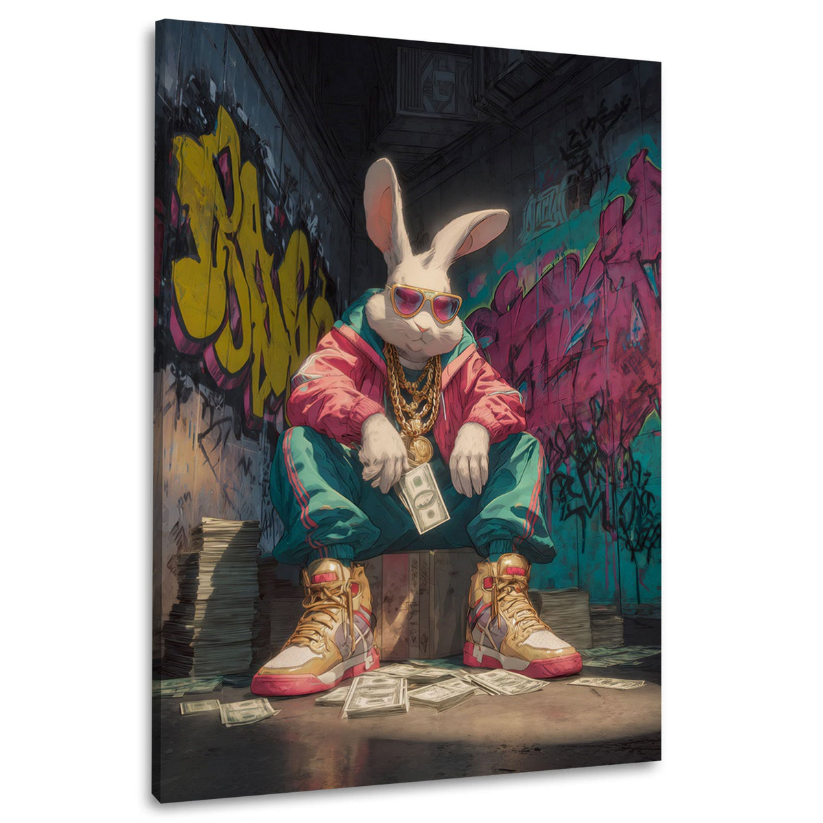 Hip-Hop-Hase mit Sonnenbrille und Goldketten vor Graffitiwand als Wandbild