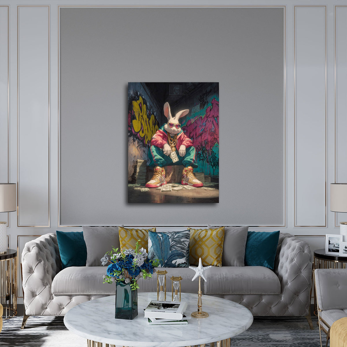 Street-Art-Wandbild mit coolem Hasen über dem Sofa im Wohnzimmer