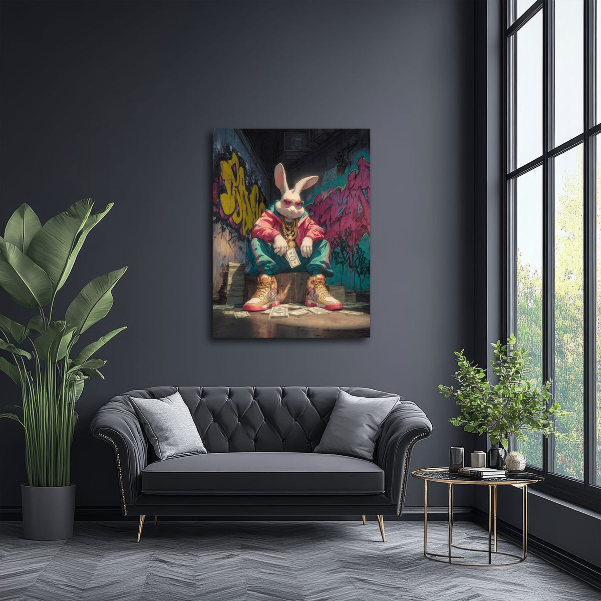 Hase im Streetstyle als Wandbild im Flur