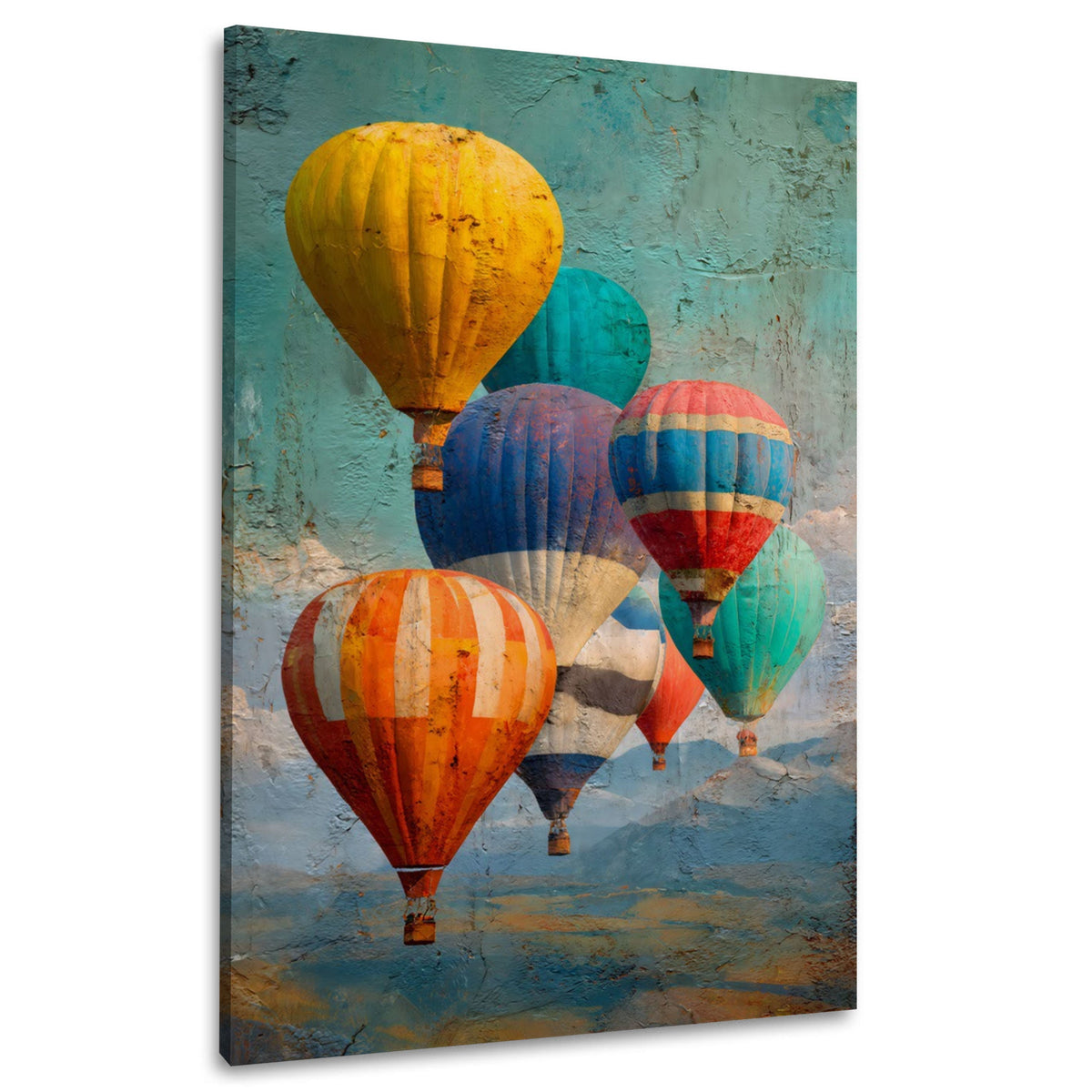 Wandbild mit bunten Heißluftballons im Aufstieg über den Bergen