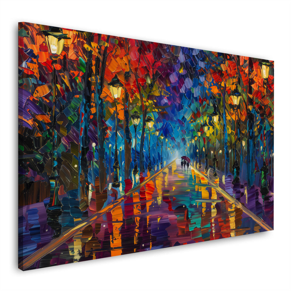 Herbstallee mit Laternen und Spiegelung im nassen Weg als Wandbild