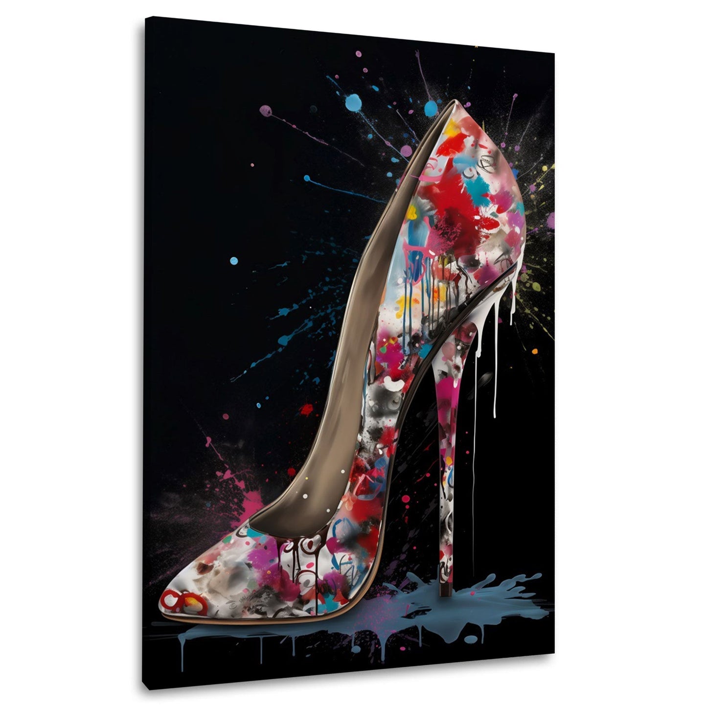 High Heel mit bunten Farbspritzern auf schwarzem Grund – Wandbild im Hochformat