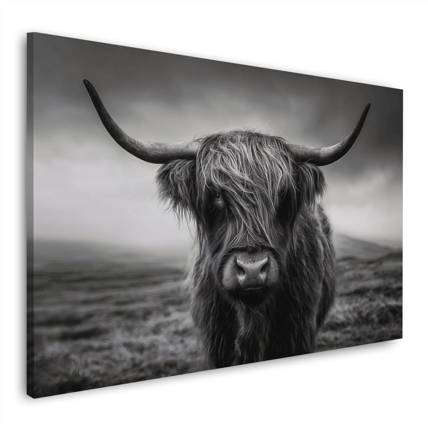 Highland Rind schwarz weiß Tierporträt mit Hörnern Wandbild