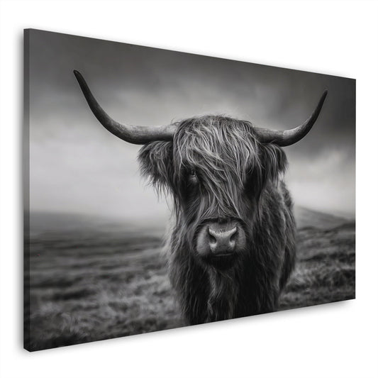 Highland Rind schwarz weiß Tierporträt mit Hörnern Wandbild
