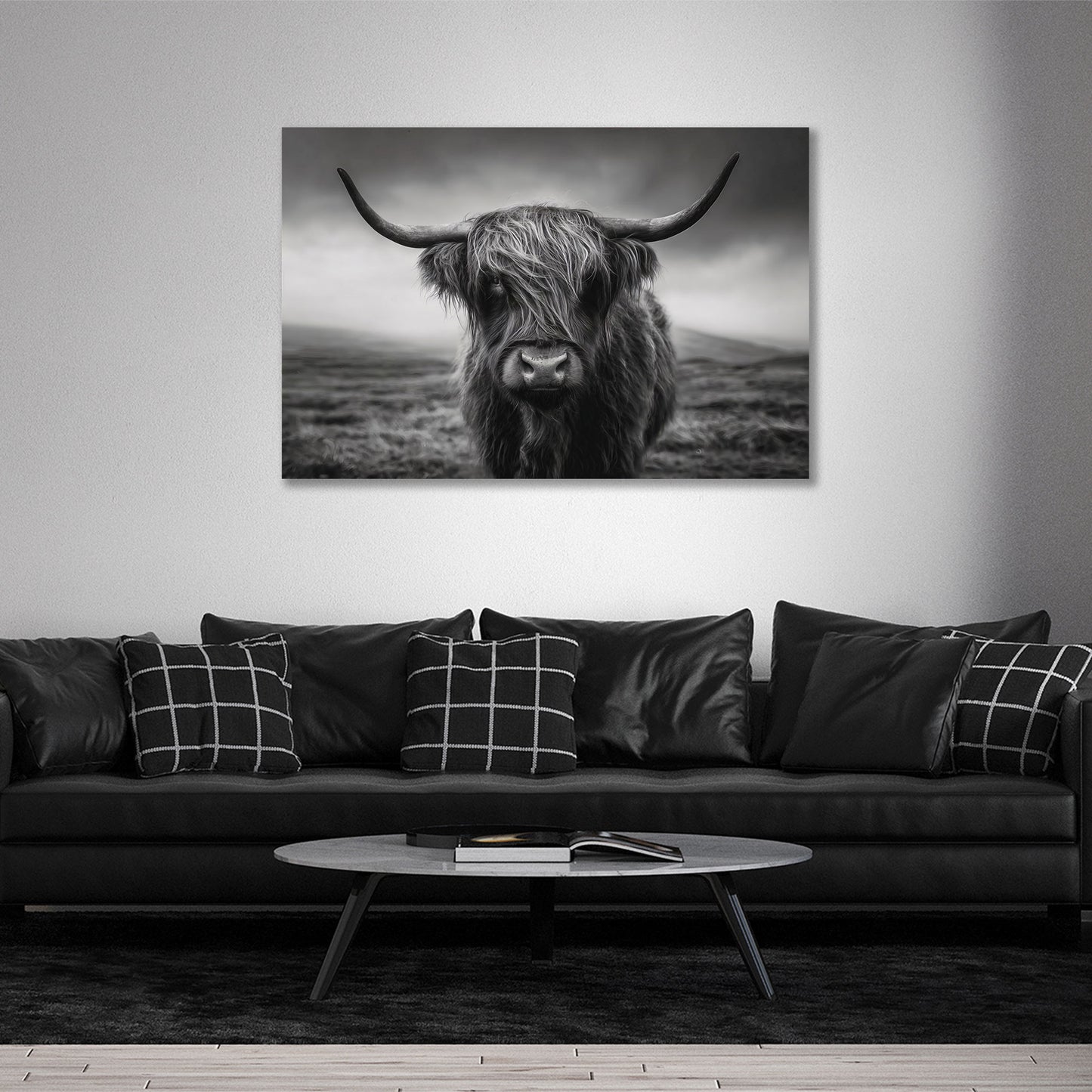 Highland Rind schwarz weiß Tierporträt mit Hörnern Wandbild
