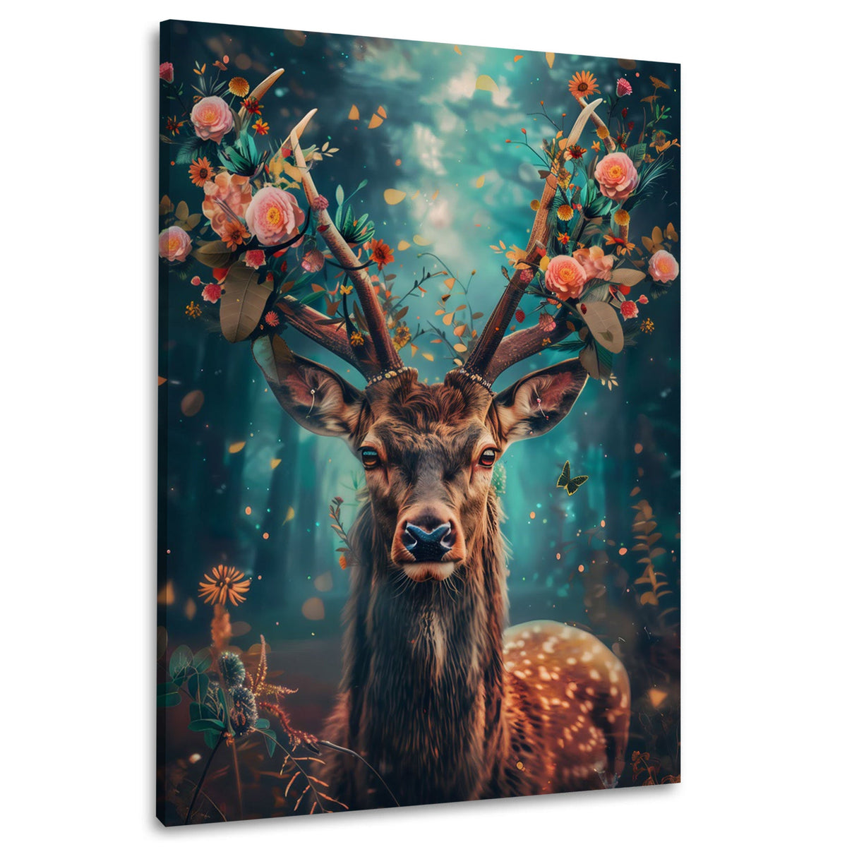 Hirsch mit Blütengeweih im türkisen Zauberwald als Wandbild