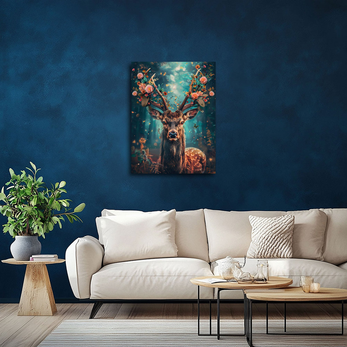 Magisches Hirsch Wandbild mit Blüten über dem Sofa im Wohnzimmer