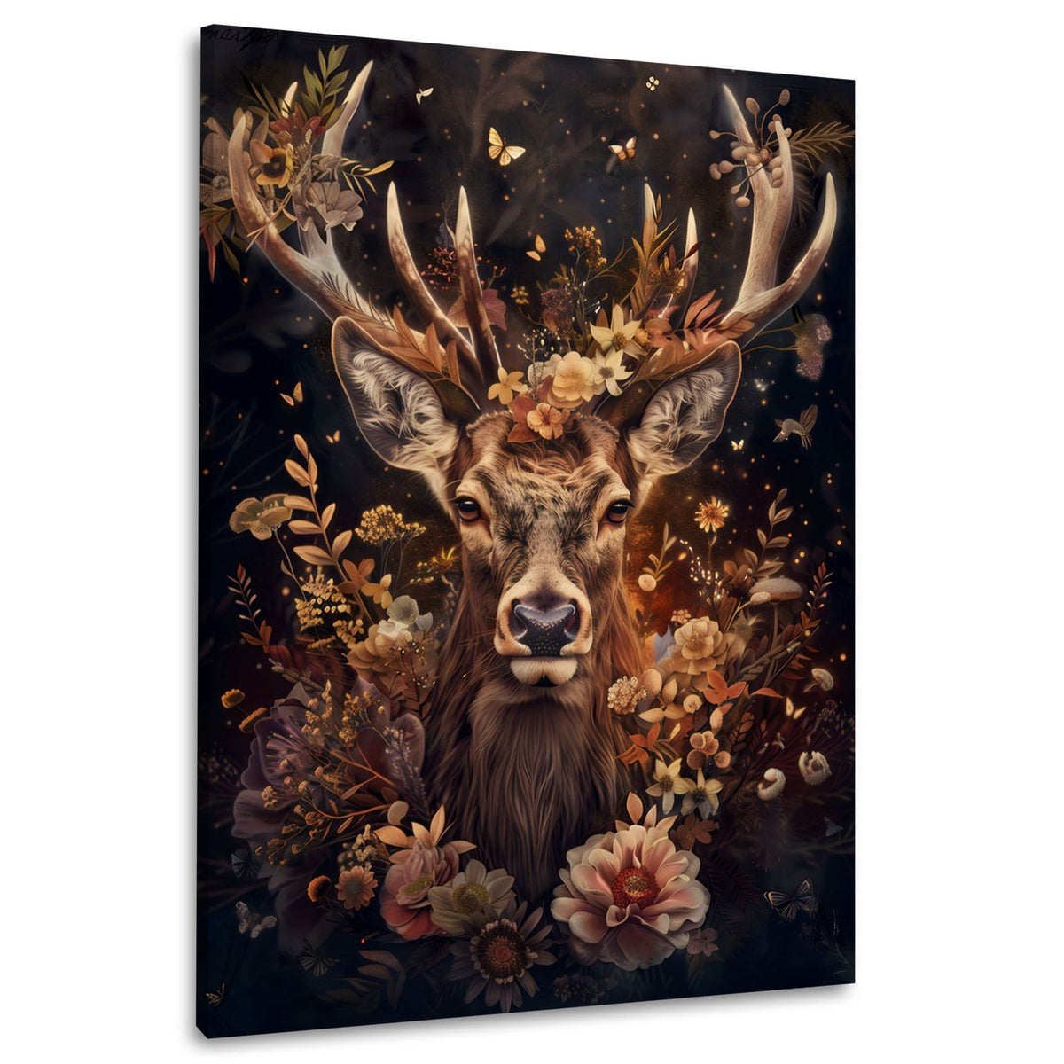 Hirsch mit Blumen und Schmetterlingen in warmen Erdtönen als Wandbild